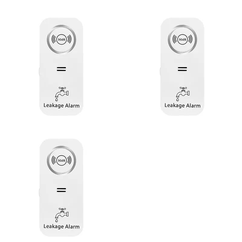 Three white 90 dB water leak detector alarms on a white background