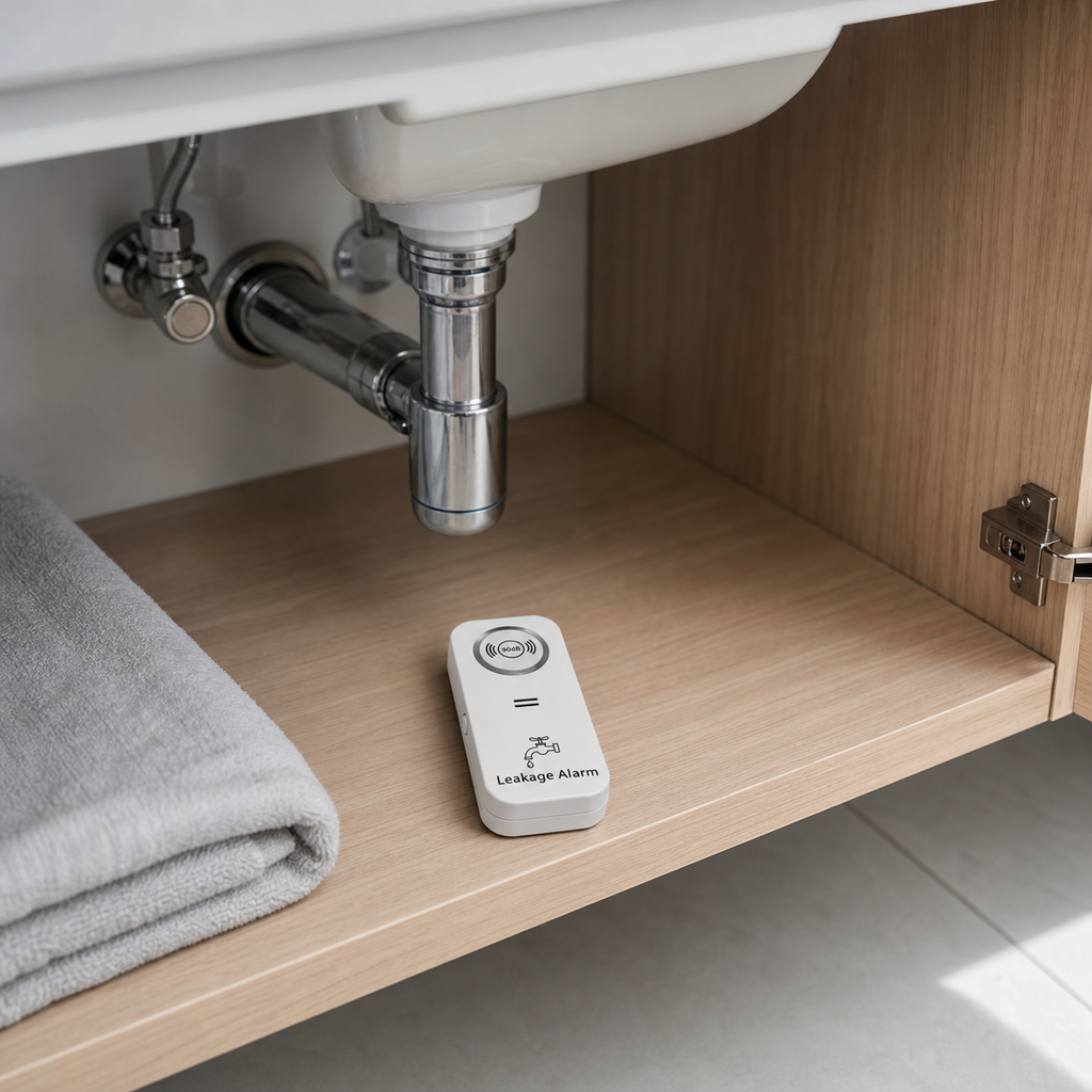 90 dB water leak detector alarm positioned inside a bathroom vanity