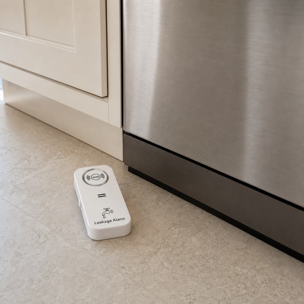 90 dB water leak detector alarm placed beside a dishwasher