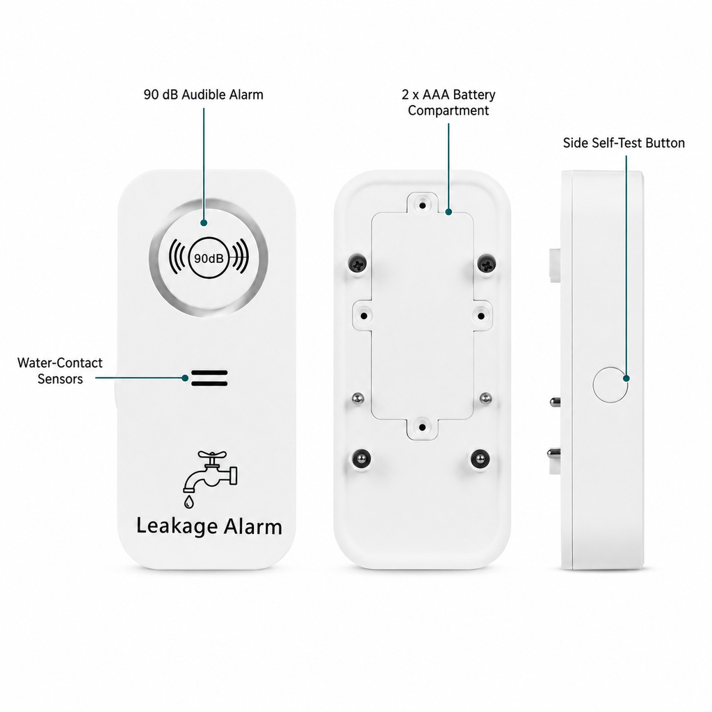 Labeled water leak detector features including alarm, sensors, battery compartment and test button