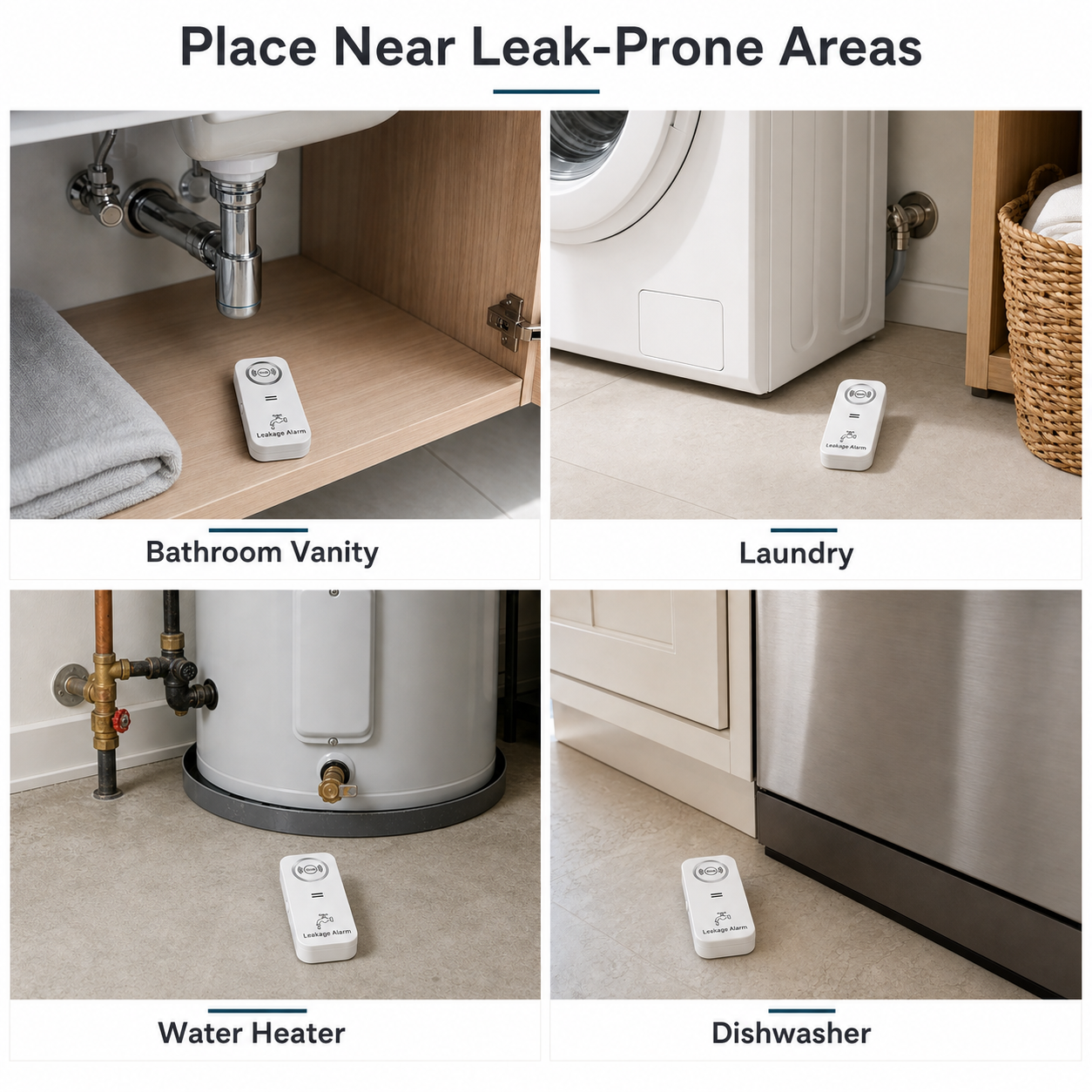 Labeled placement guide for water leak detectors near bathroom vanity, laundry, water heater and dishwasher