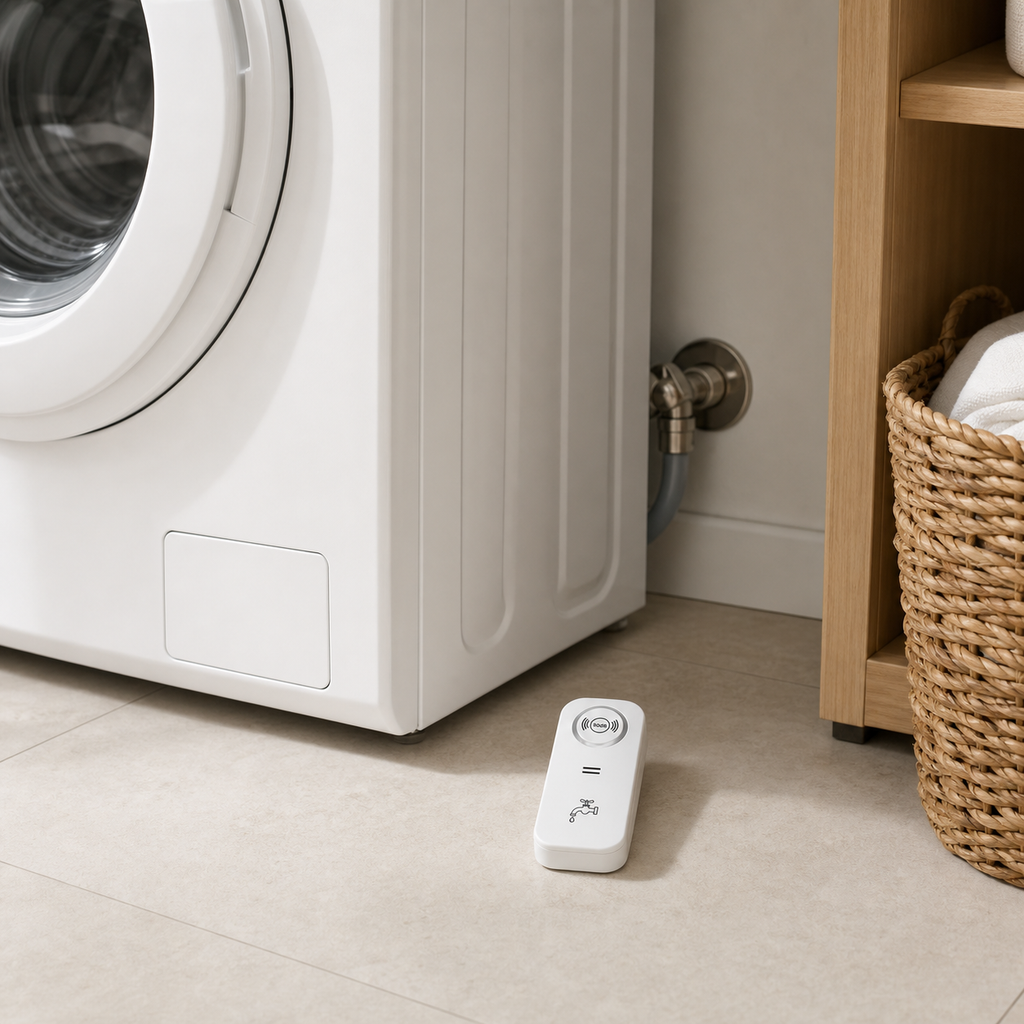 Water leak detector alarm placed beside a washing machine
