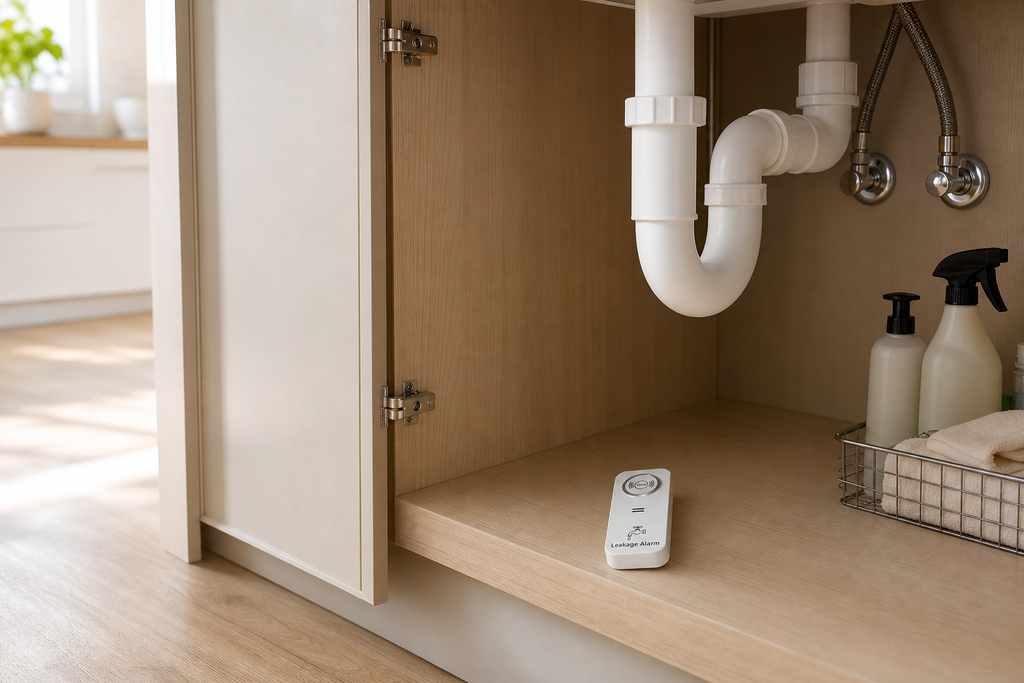90 dB water leak detector alarm positioned under a kitchen sink