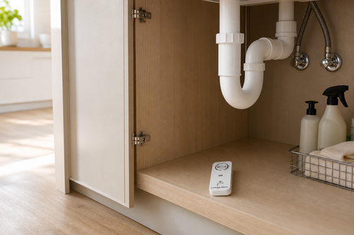 90 dB water leak detector alarm positioned under a kitchen sink