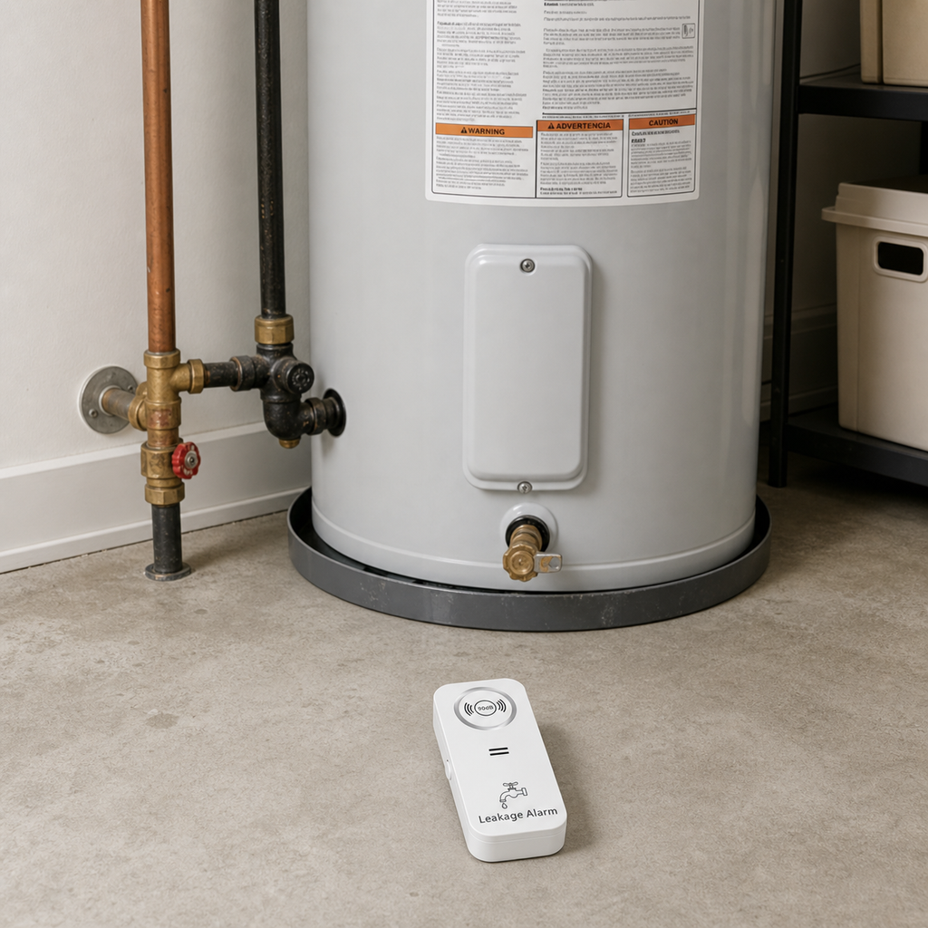 90 dB water leak detector alarm placed near a residential water heater